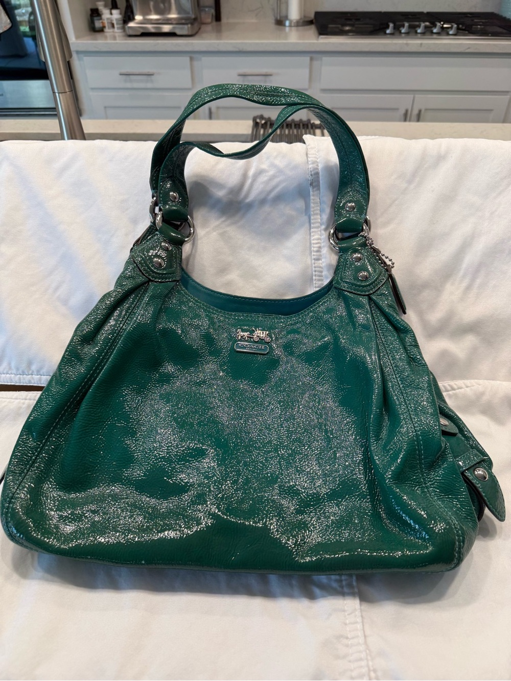 Vinatge Coach Emerald Teal Patent  leather Shoulder Bag with Silver Hardware